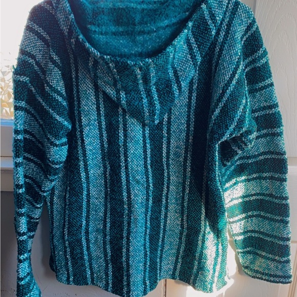 Blue Vertical Striped Sweater with V-neck beach bum boho - Picture 2 of 2